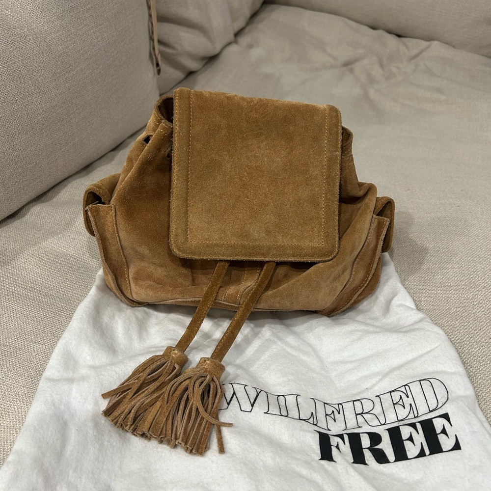 Wilfred Suede Tassel Drawstring Backpack in Camel Brown
